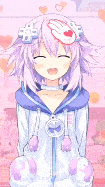 a purple haired anime character with hearts around her