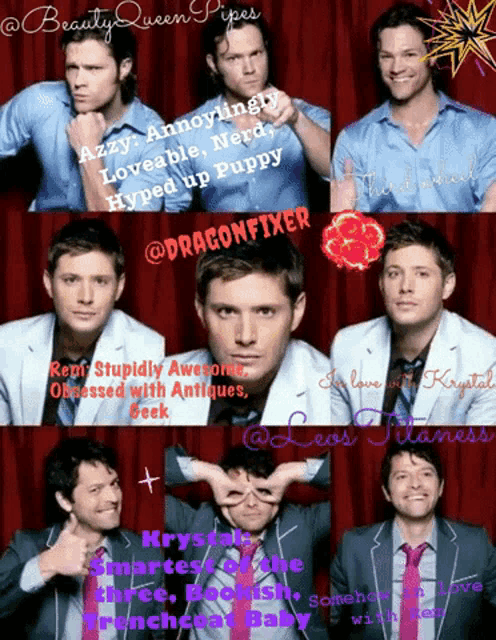 a collage of photos of a man with the words " annoyingly loveable nerd hyped up puppy " on the bottom