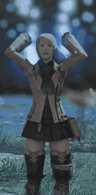 a woman in a brown jacket and black skirt is standing in the grass with her hands on her head
