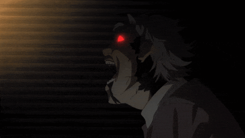 a close up of a person with a red eye