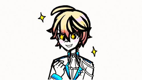 a drawing of a boy with yellow eyes and a blue suit