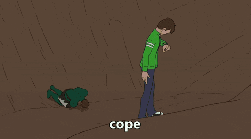 a cartoon drawing of a man holding a large ice cube with the word cope below him