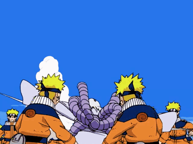 a group of naruto characters are standing around a person in a white robe