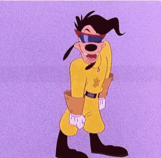 goofy from mickey mouse is wearing sunglasses and a yellow superhero costume .