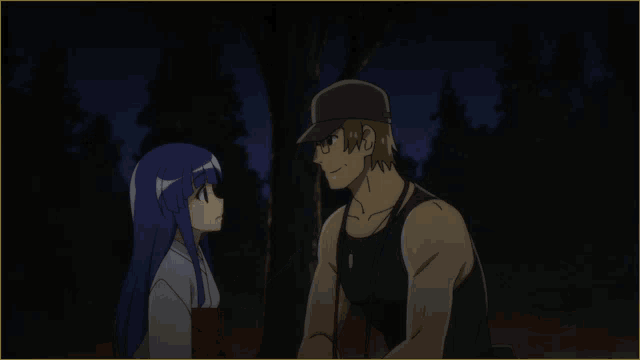 a girl touching a man 's forehead with her hand in a dark forest