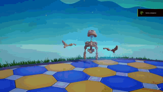 a skeleton in a video game is standing on a blue and yellow hexagonal floor