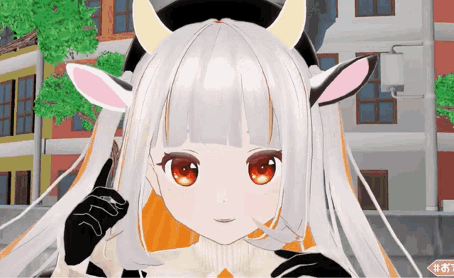 a girl with white hair and horns is wearing a white sweater