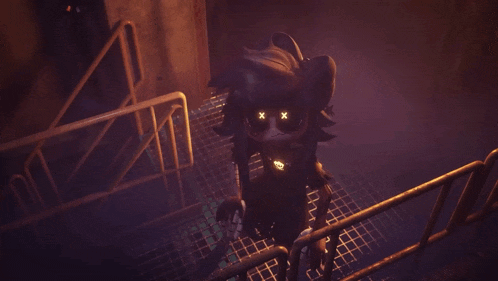 a cartoon character is standing on a metal staircase