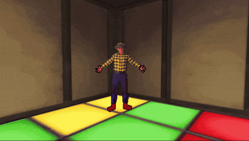 a man in a plaid shirt is standing in a room with a colorful floor