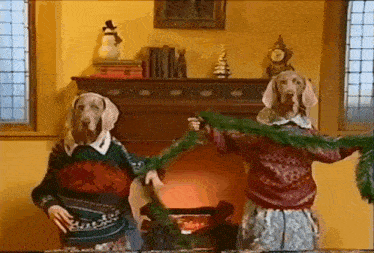 two dogs in sweaters are decorating a fireplace with a wreath