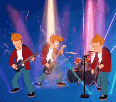 fry from futurama plays guitar and sings into a microphone