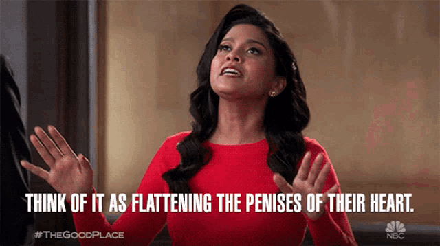a woman in a red dress says think of it as flattening the penis of their heart