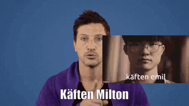 a man in a purple robe is standing next to a picture of a man with the name kaften milton on it