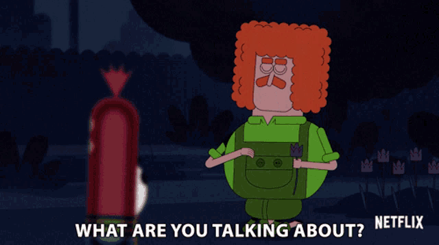 a cartoon character with red hair and green overalls talks to a sausage