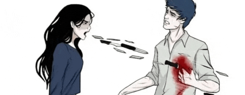 a man is holding a knife in his chest and a woman is yelling at him .