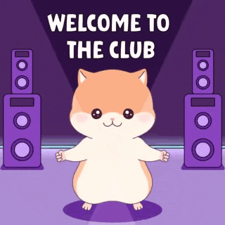 a hamster is standing in front of purple speakers with the words welcome to the club on the bottom