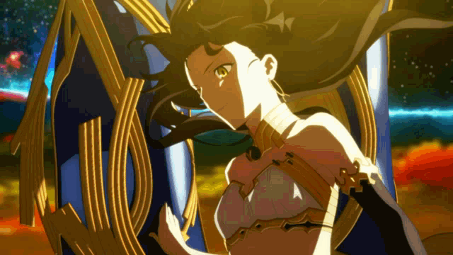 a woman with long black hair is standing in front of a blue and gold structure
