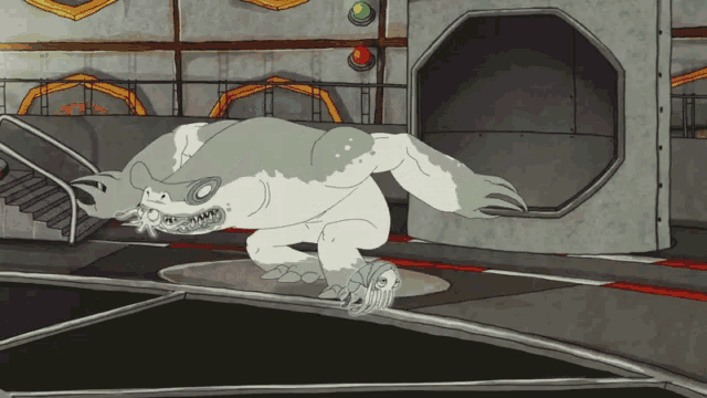 a cartoon of a monster standing in a room with stairs