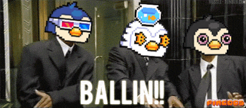 three men in suits with penguins on their faces and the word ballin on the bottom