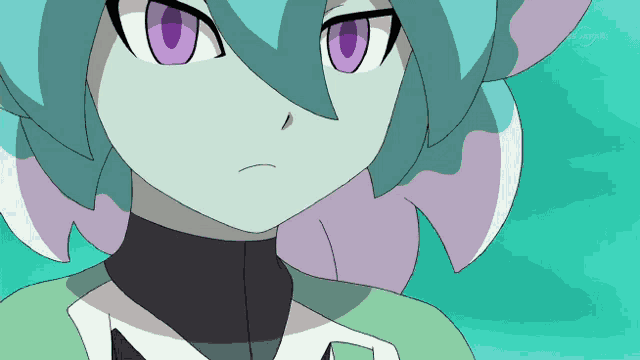 a close up of a cartoon character with purple eyes on a tv screen that says tv tokyo