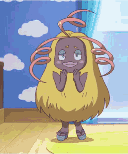 a cartoon character is standing in a room with a blue curtain and clouds in the background