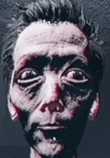 a close up of a man 's face with a very large eye