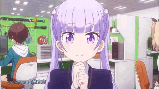 a girl with purple hair is smiling in an office