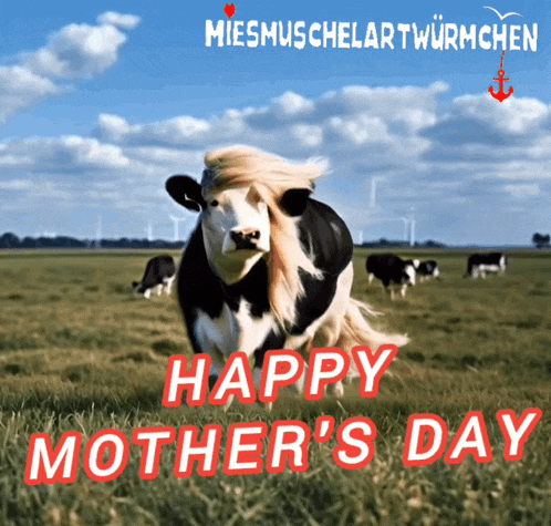 a picture of a cow in a field with the words happy mother 's day on it