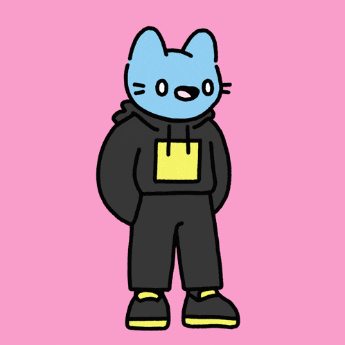 a drawing of a blue cat wearing a black hoodie and a crown