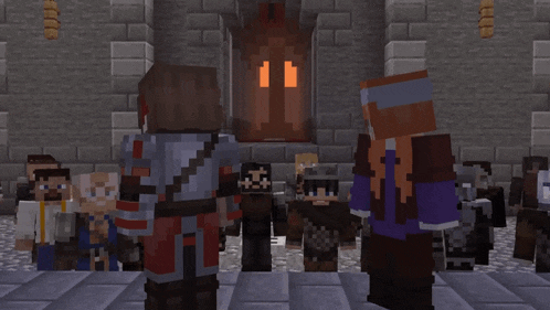 a group of minecraft characters standing in front of a door with the number 11 on it