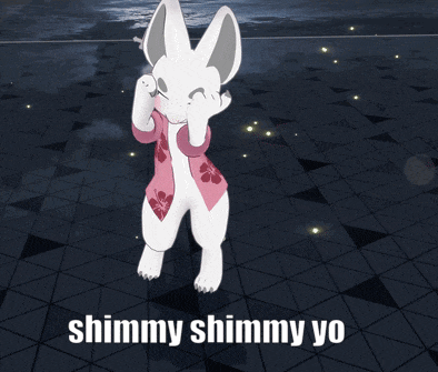 a cartoon rabbit is making a face with the words " shimmy shimmy yo " on the bottom