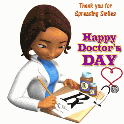 a cartoon of a doctor writing on a piece of paper with the words happy doctor 's day below her