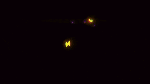 a cartoon character is standing in a dark room with a purple background