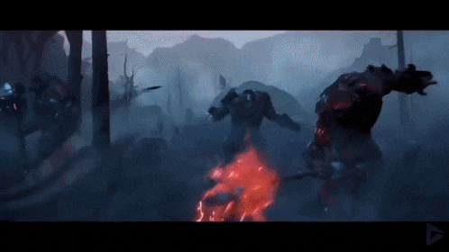 a group of monsters are fighting each other in a foggy forest