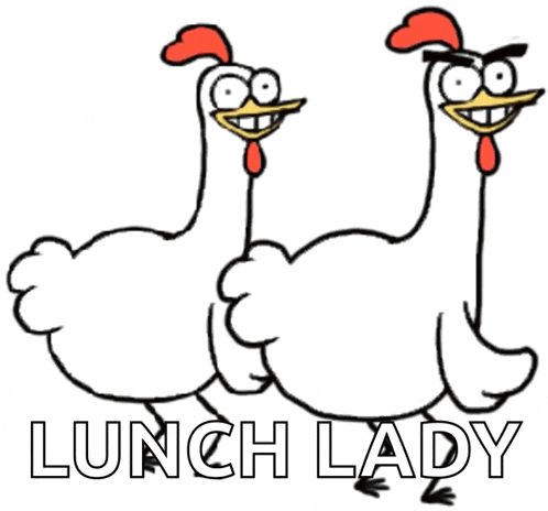 two chickens are standing next to each other with the words lunch lady written below them