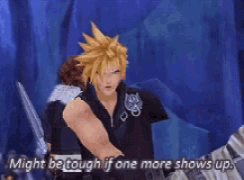 a video game character is standing next to a person in a blue room .