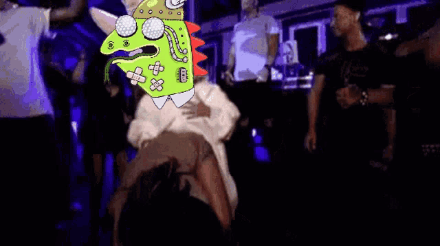 a group of people are dancing in a dark room with a cartoon character wearing sunglasses and bandages
