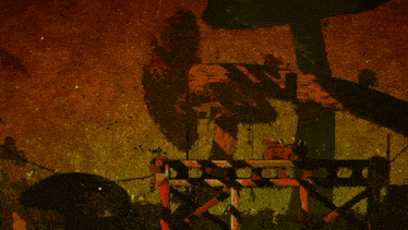 a painting of a forest with a fence and a sign that says ' rn ' on it