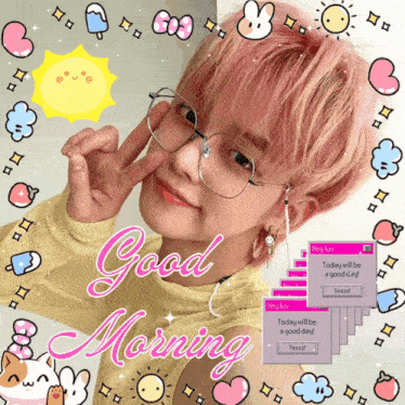 a good morning greeting card with a boy with pink hair and glasses