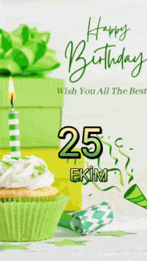 a happy birthday card with a green cupcake and a green candle