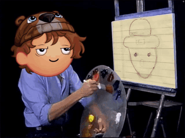 a man wearing a bear hat is painting a picture of a man