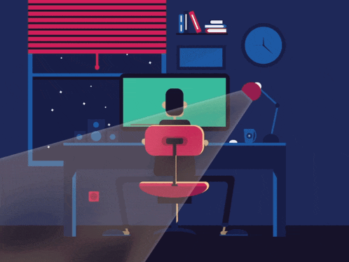 an illustration of a man sitting in front of a computer screen