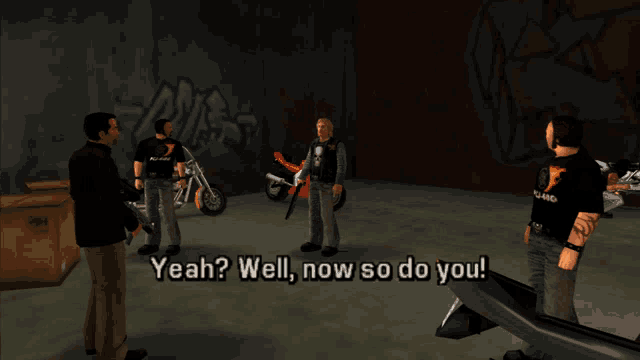 a video game scene with a man saying " yeah "