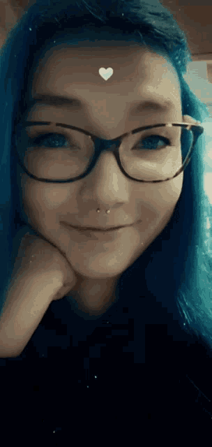 a woman with blue hair wearing glasses and a nose ring