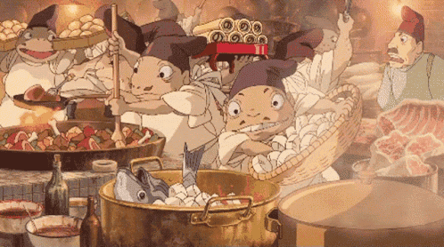 a group of cartoon characters are cooking in a kitchen with a large pot of fish in the middle