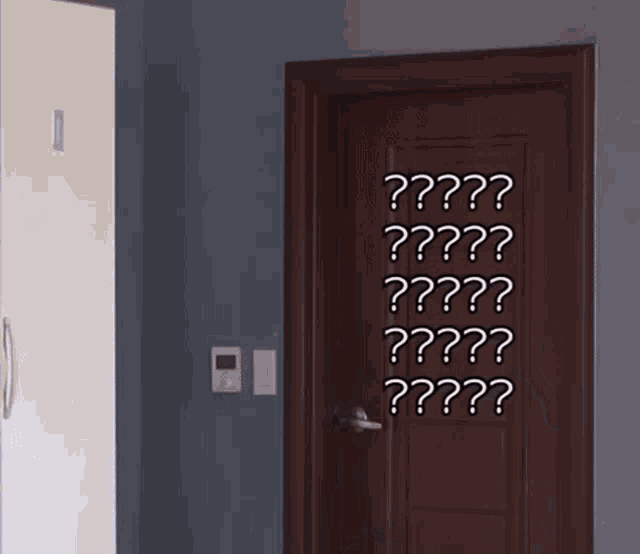 a brown door with a row of white question marks on it