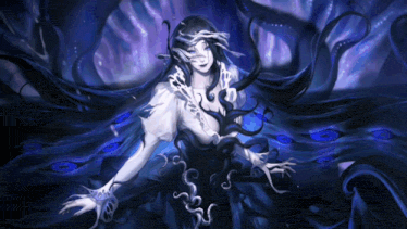 a painting of a woman with long black hair and a blue background