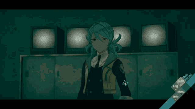 a girl with blue hair stands in front of a row of televisions
