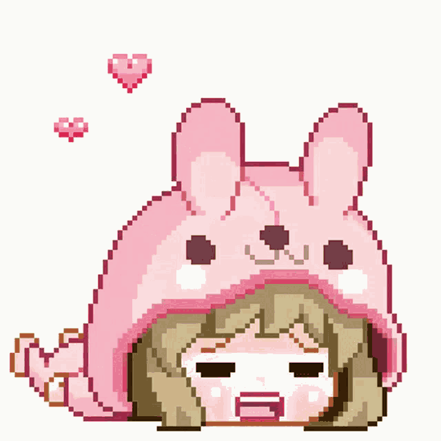 a pixel art illustration of a girl wearing a pink bunny hat