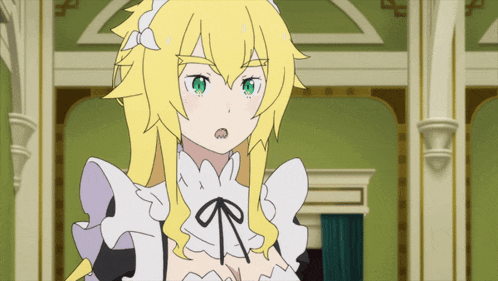 a girl with blonde hair and green eyes is wearing a white maid outfit